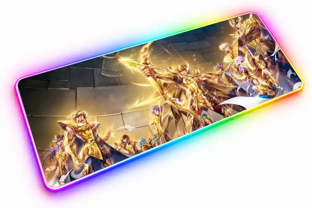 Caballeros Dorados de Saint Seiya con un arquero de Sagitario al centro y armaduras doradas frente al Santuario.