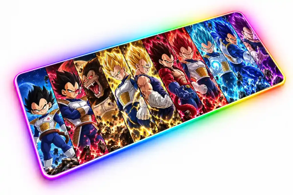 Evoluciones de Vegeta en diez paneles, desde su infancia hasta sus transformaciones, con rayos y auras de distintos colores.