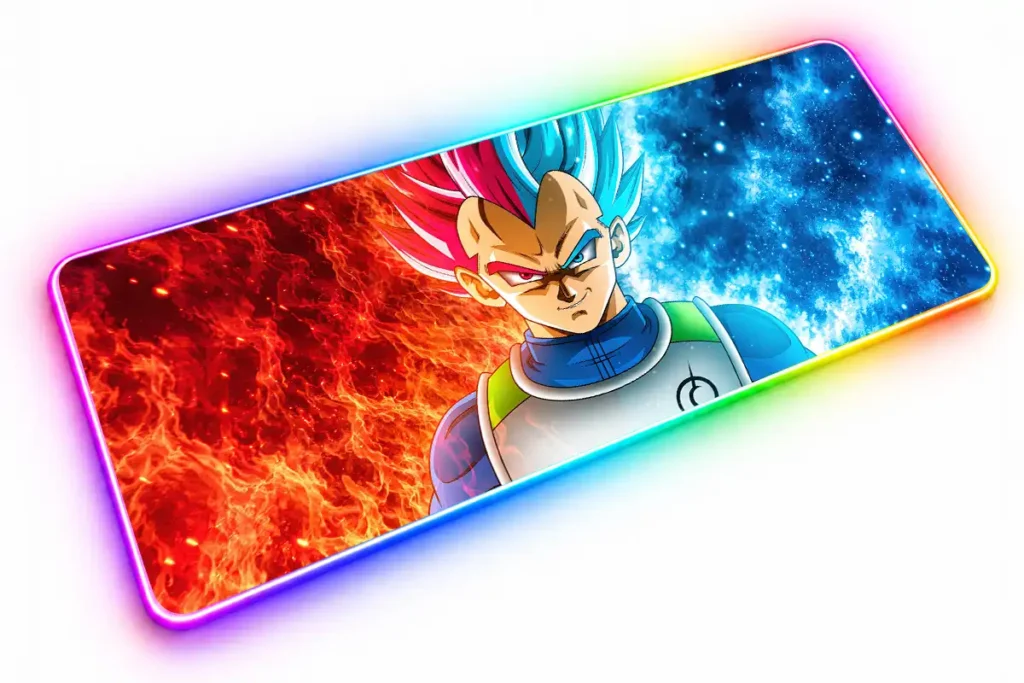 Retrato de Vegeta dividido entre cabello rojo y azul, con llamas a la izquierda y un resplandor azul a la derecha.
