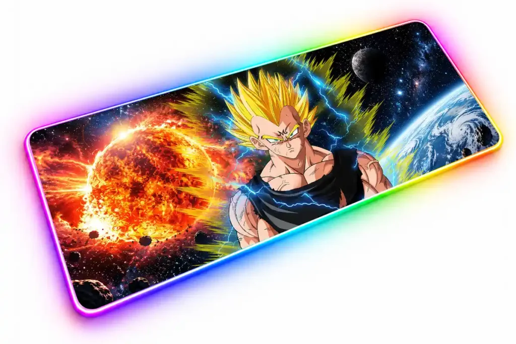 Majin Vegeta de cabello dorado rodeado de rayos azules, con una estrella incandescente a la izquierda y un planeta azul a la derecha.