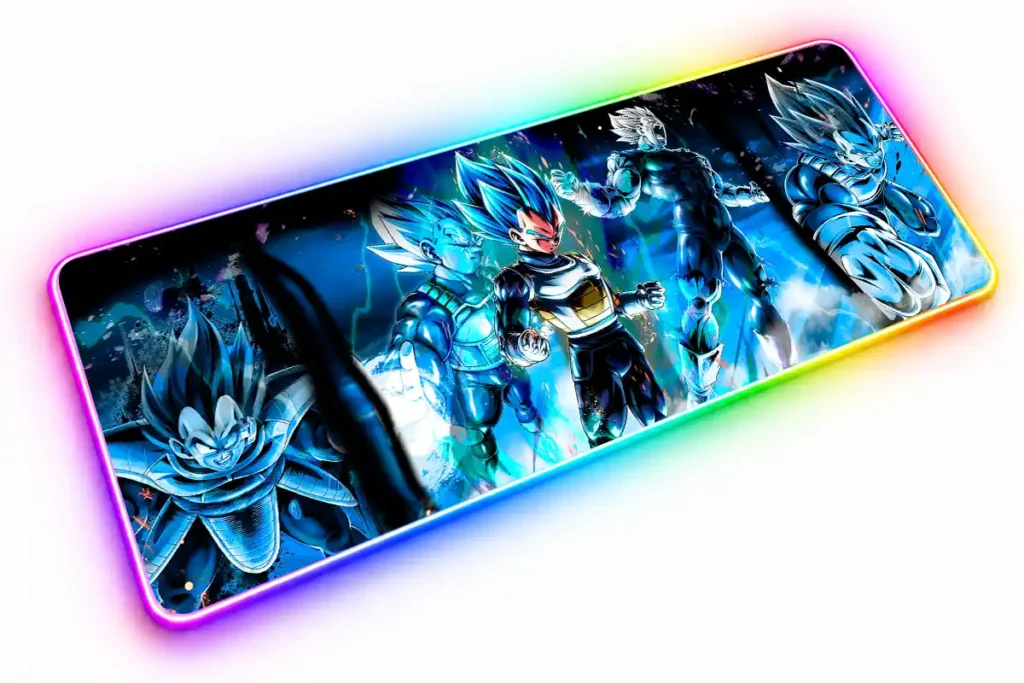 Composición de Vegeta en distintas poses de combate, con cabello azul, armadura y efectos luminosos sobre un fondo azul y negro.