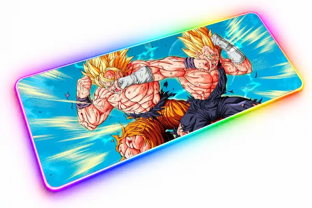 Goku y Majin Vegeta de cabello dorado intercambiando golpes, con ropa desgarrada y un fondo azul con líneas amarillas de movimiento.