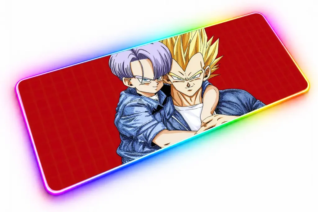 Vegeta de cabello dorado sosteniendo a Trunks de cabello violeta, ambos con prendas azules sobre un fondo rojo.