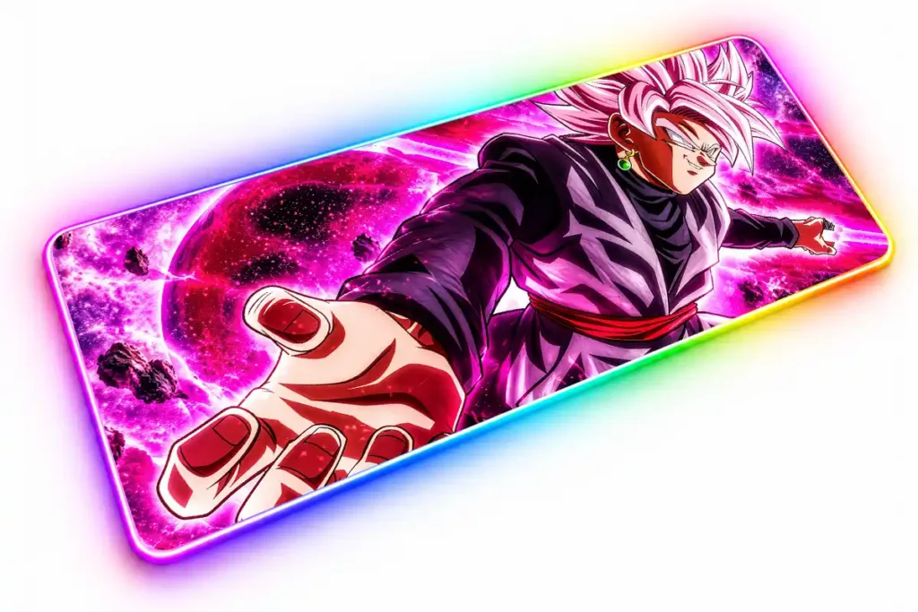 Goku Black Rosé con cabello rosado y una mano extendida, frente a un planeta fucsia rodeado de energía y rocas flotantes.