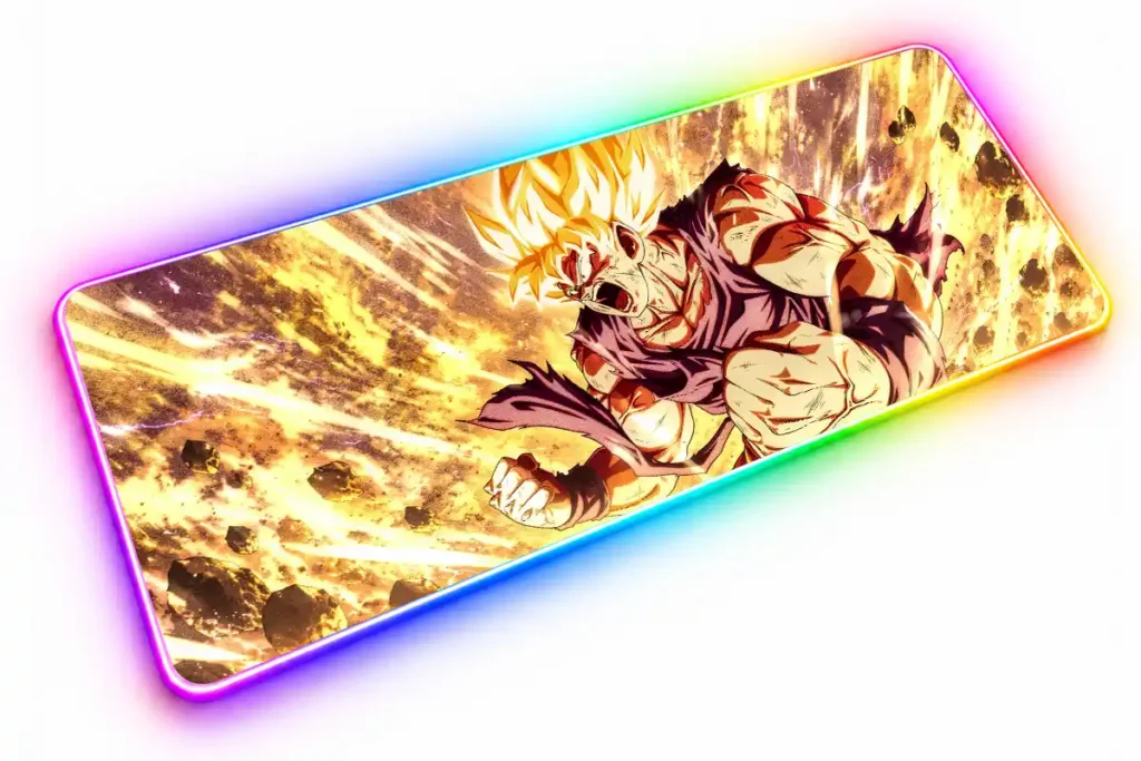 Goku Super Saiyajin de cabello dorado, con los puños cerrados y la ropa desgarrada, rodeado de energía amarilla y rocas flotantes.