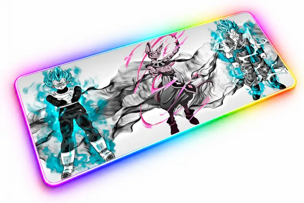 Vegeta a la izquierda y Goku a la derecha rodeados de auras turquesas, con Bills en el centro entre trazos rosas y humo negro sobre fondo blanco.
