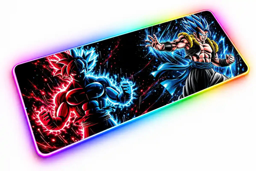 Goku en sombras con energía roja y azul a la izquierda, junto a Gogeta Blue con una mano extendida y destellos azules sobre fondo negro.