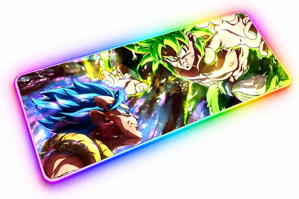 Gogeta Blue de perfil a la izquierda frente a Broly de cabello verde y manos extendidas, rodeados de destellos multicolores.