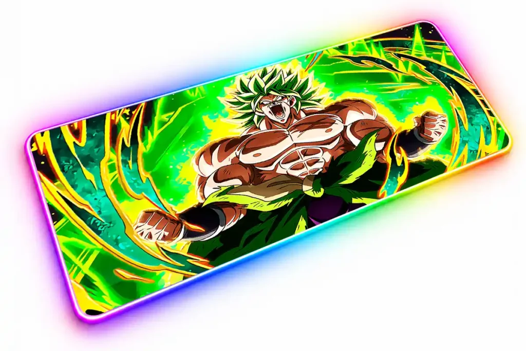 Broly de Dragon Ball con los puños cerrados, rodeado de energía verde y amarilla.