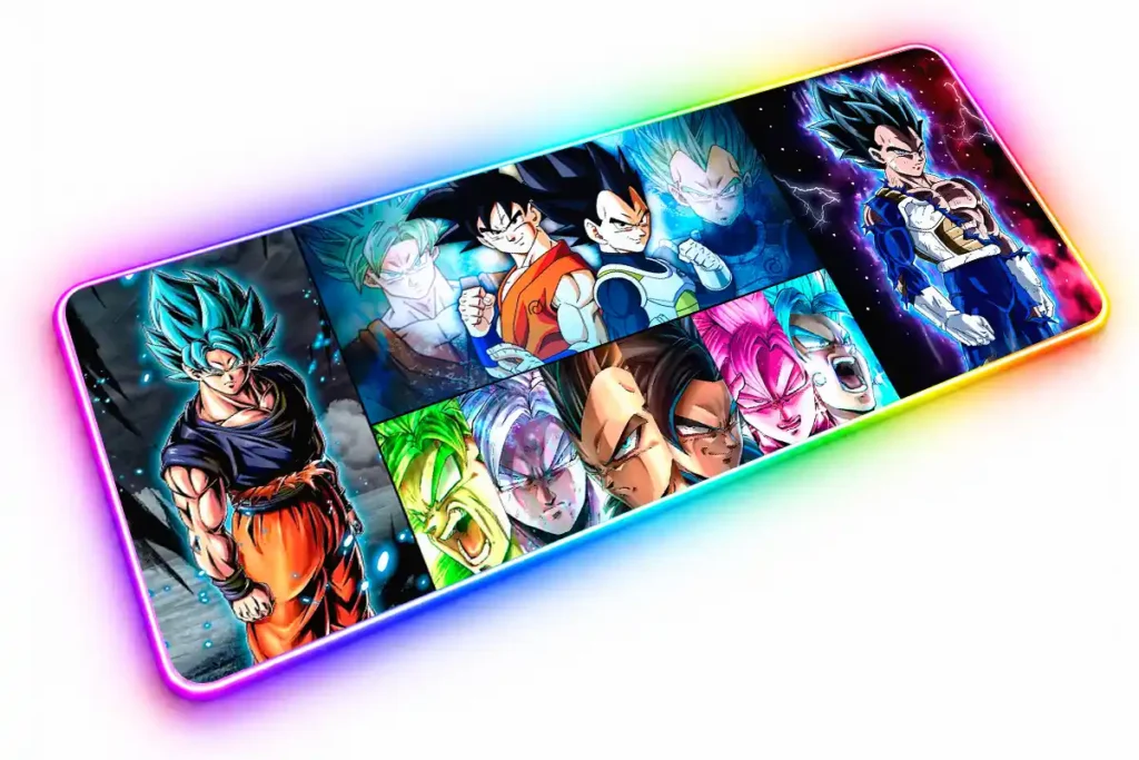 Collage de Goku y Vegeta con figuras completas a los lados, ambos personajes juntos en el centro y una fila inferior de rostros de distintas apariencias.
