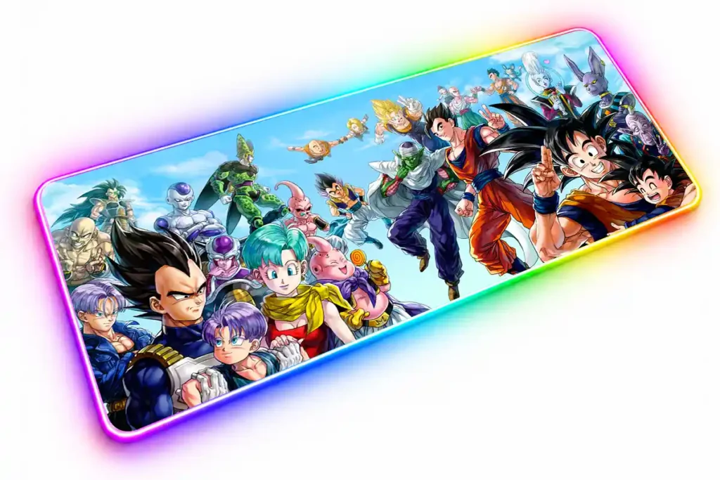 Personajes de Dragon Ball reunidos bajo un cielo azul, con Goku sonriente a la derecha y Vegeta, Bulma y Trunks a la izquierda.