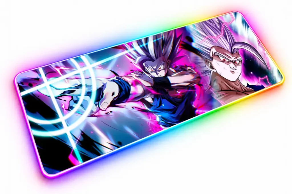 Gohan Bestia de cabello plateado y ojos rojos preparando un ataque, junto a un primer plano de su rostro entre rayos rosas y luces azules.