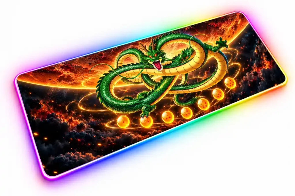 Shenlong verde con el cuerpo enroscado sobre las siete esferas del dragón, rodeado de anillos dorados y un cielo incandescente.
