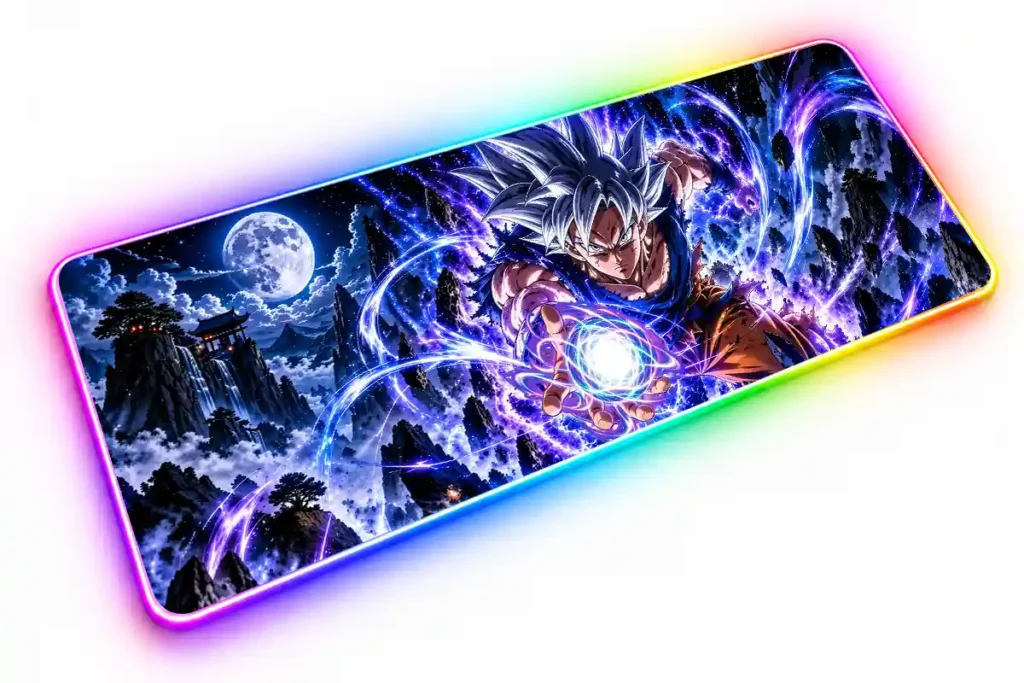 Goku Ultra Instinto de cabello plateado concentrando una esfera de energía azul y violeta, con montañas, cascadas y una luna llena al fondo.