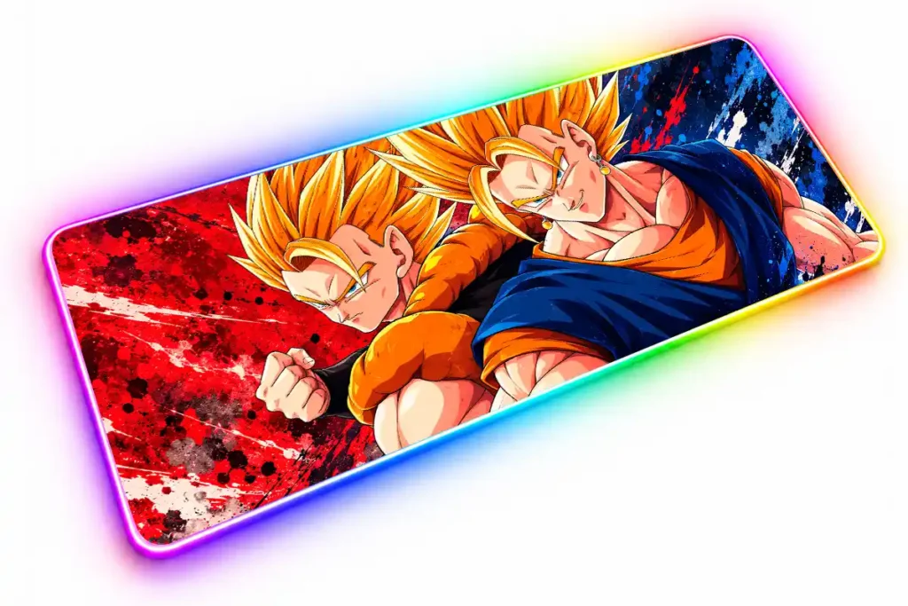 Gogeta con el puño cerrado a la izquierda y Vegito en primer plano a la derecha, ambos de cabello dorado sobre un fondo rojo y azul.