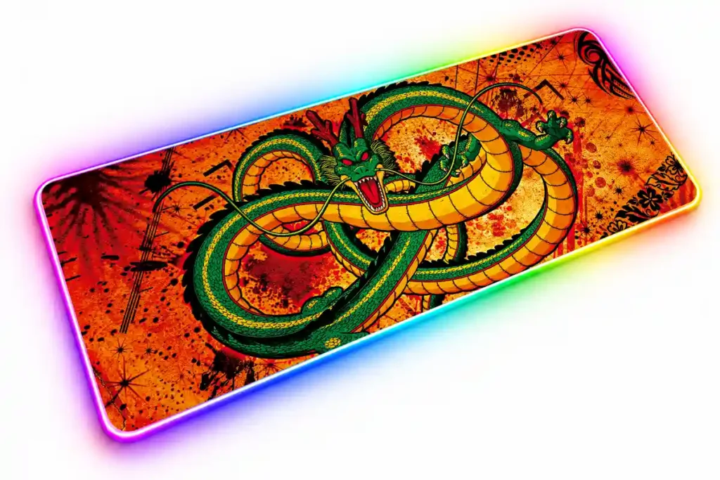 Shenlong de Dragon Ball con el cuerpo verde enroscado sobre un fondo naranja y rojo con detalles oscuros.