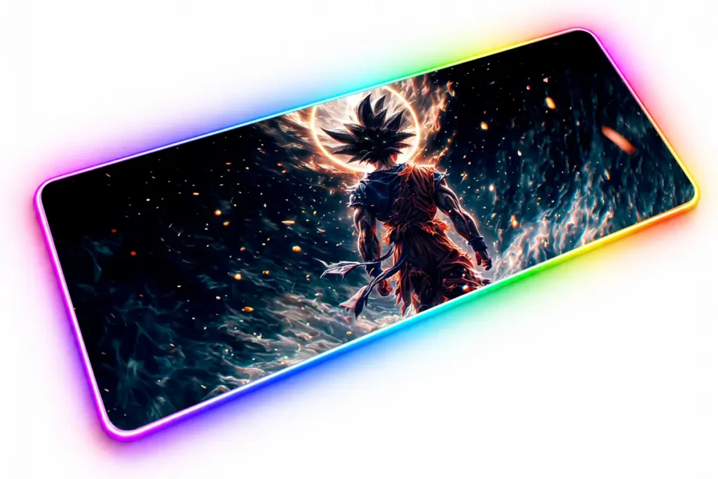 Goku de espaldas con la ropa desgarrada y los puños cerrados, frente a un resplandor naranja y rodeado de energía azul y partículas luminosas.