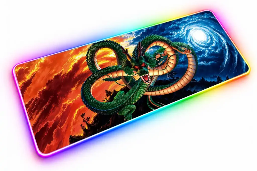 Shenlong con el cuerpo verde enroscado entre un cielo de nubes naranjas y otro azul