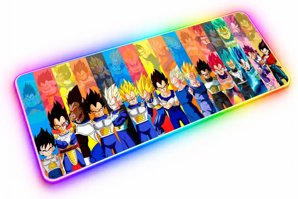 Evoluciones de Vegeta de Dragon Ball, desde su infancia hasta distintas transformaciones, organizadas en franjas verticales de colores.